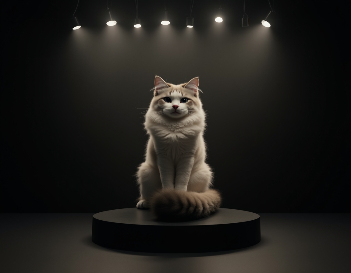 Photorealistic studio portrait of cat sitting elegantly on a black podium under a bright spotlight.